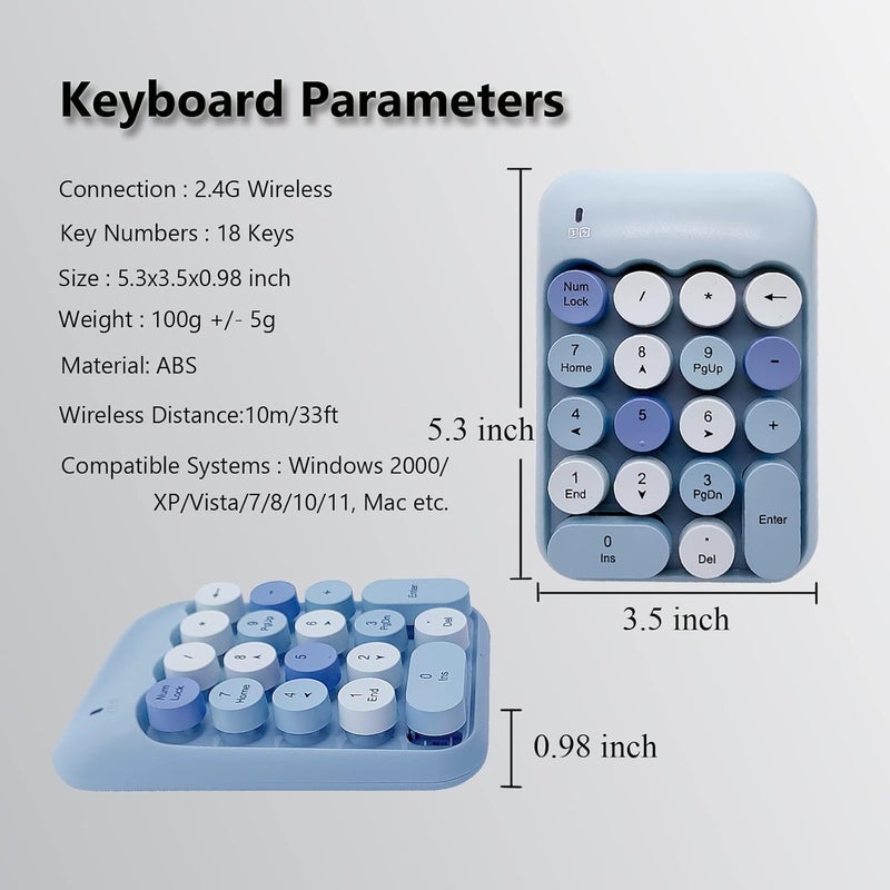 Seaciyan Wireless Number Pad, Ergonomic Cute Colorful Retro Mini Portable Numeric Keypad, 2.4G Cordless External Keyboard for Computer, Laptop (Blue) - Image 5